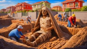 Illustration de la découverte d'une momie millénaire par des ouvriers lors d'un chantier de gazoduc à Lima.