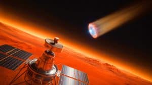 Illustration de la capture d'un objet interstellaire par des engins spatiaux en orbite autour de Mars.