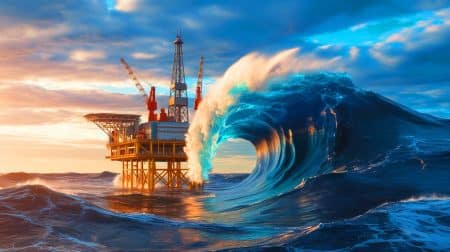 « Elles surgissent sans prévenir » : ces vagues géantes frappent les océans chaque jour (et l’IA tente enfin de les anticiper) Illustration de vagues scélérates menaçant navires et plateformes offshores.