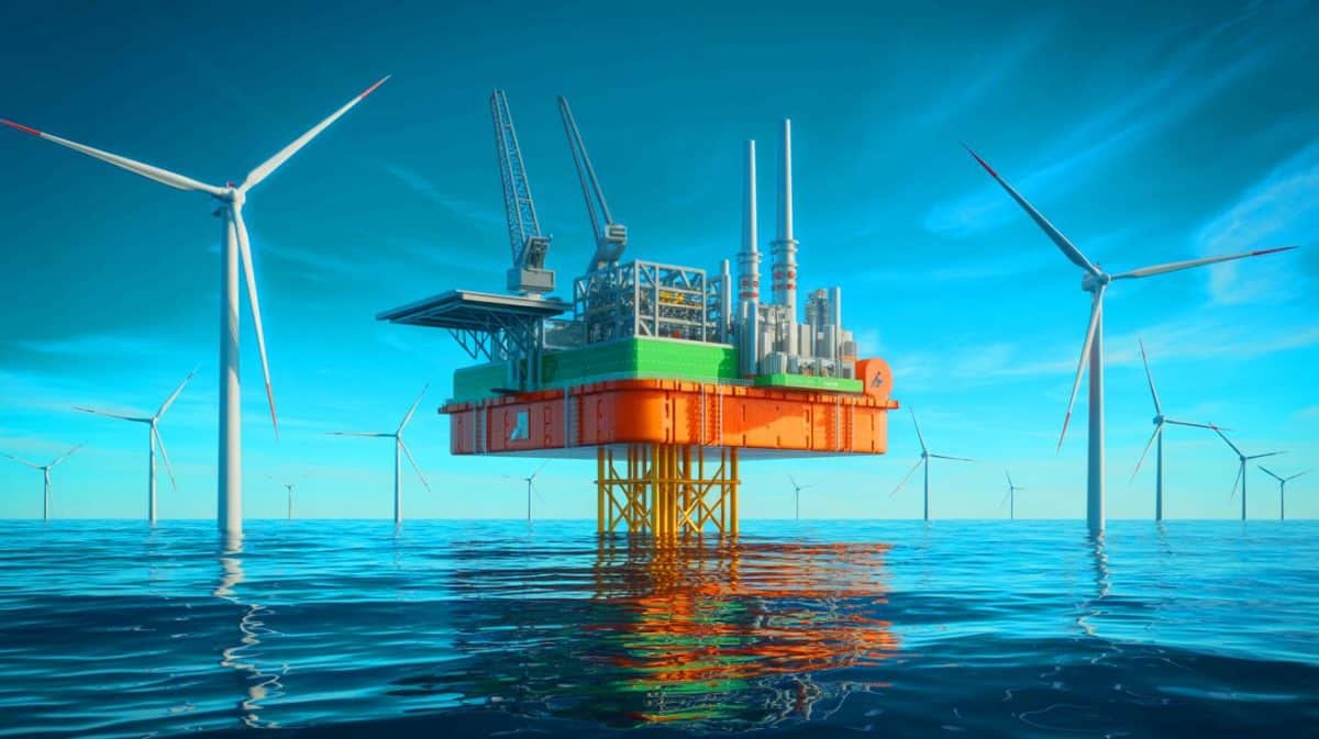 « Elle sortira des flots belges » : la plus grande plateforme d’hydrogène vert du monde va naître en mer du Nord (et l’Europe veut en faire un modèle) Illustration de la plateforme offshore belge de production d'hydrogène vert en mer du Nord.