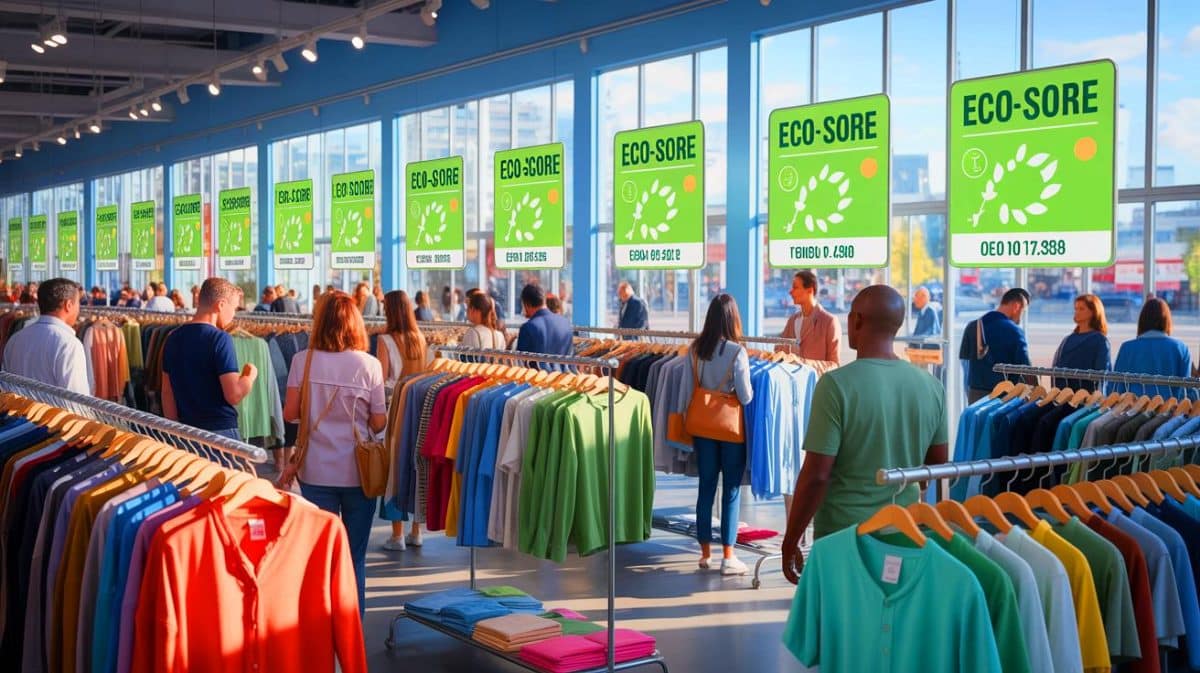 « Dès aujourd’hui, vos vêtements affichent un score vert » : l’étiquette éco-score débarque pour dénoncer l’impact caché de la fast fashion Illustration de l'éco-score affiché sur l'étiquette d'un vêtement pour indiquer son impact environnemental.