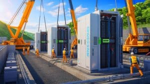 Illustration de la construction de sites de stockage d'électricité par batteries à haute tension au Japon.