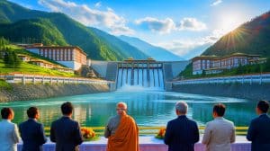 Illustration de l'inauguration de la centrale hydroélectrique Punatsangchhu-II au Bhoutan par Narendra Modi.