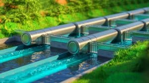 Illustration de la technologie Hydro Multiaxis Turbosystem de Mass Megawatts pour une hydroélectricité modulaire et rentable.