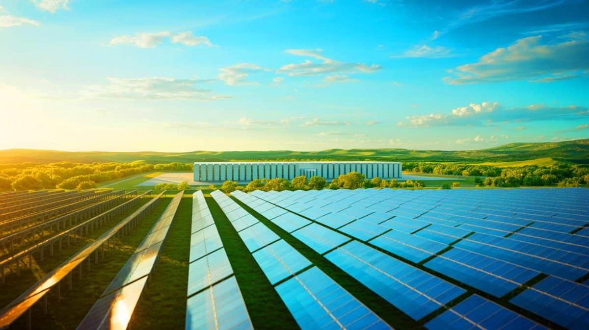 RWE inaugure une centrale solaire innovante et un système de stockage de 300 MW au cœur du Texas Illustration de la centrale solaire et du système de stockage d'énergie de RWE au Texas.