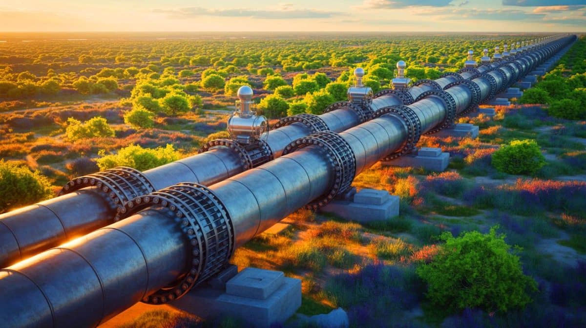 WhiteWater optimise le réseau gazier : le gazoduc Eiger Express atteint une capacité impressionnante de 3,7 Bcf/journée Illustration de l'expansion du gazoduc Eiger Express au Texas augmentant sa capacité de transport de gaz.