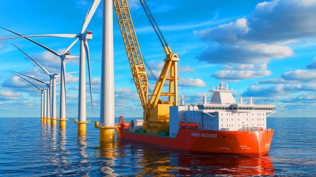 Cadeler Réceptionne Wind Mover : Sa Flotte Double en Douze Mois et Redéfinit l’Avenir de l’Énergie Éolienne Illustration de la réception anticipée du navire Wind Mover par Cadeler, renforçant sa flotte éolienne offshore.