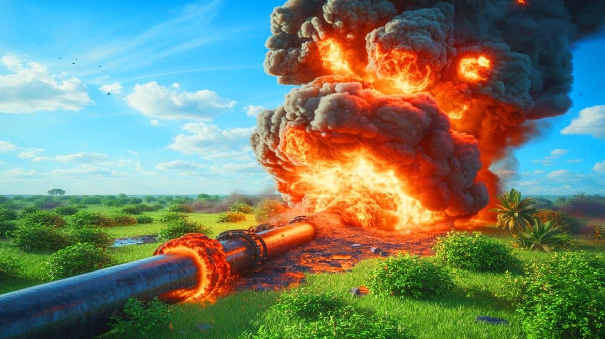 Illustration de l'explosion sur le gazoduc Escravos–Lagos perturbant l'approvisionnement énergétique du Nigeria.