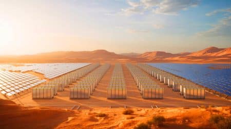 L’Arabie Saoudite connecte un projet énergétique révolutionnaire de 7,8 GWh : un pas vers l’avenir durable Illustration de l'Arabie Saoudite connectant le plus grand système de stockage par batterie au monde.